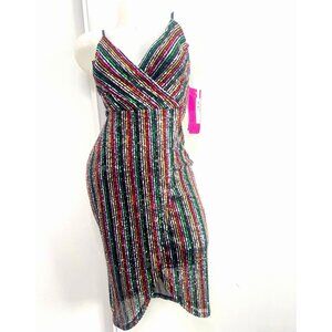 Betsey Johnson Dress Multicolor Sequin stripes spaghetti Straps Party Dress Sz 0